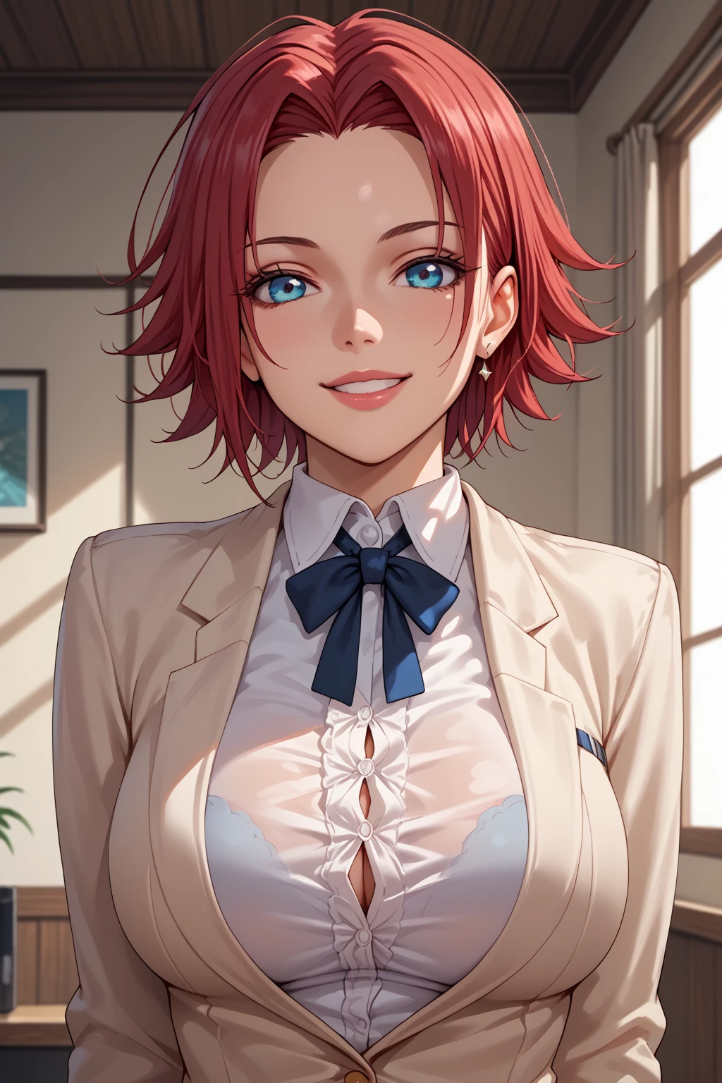 (Highest quality、Masterpiece、Very detailed、4K)、One Woman、17 years old、Pink Hair、short hair、(((Nakano Ichika)))、(Are standing)、((cleavage))、(((suit)))、smile