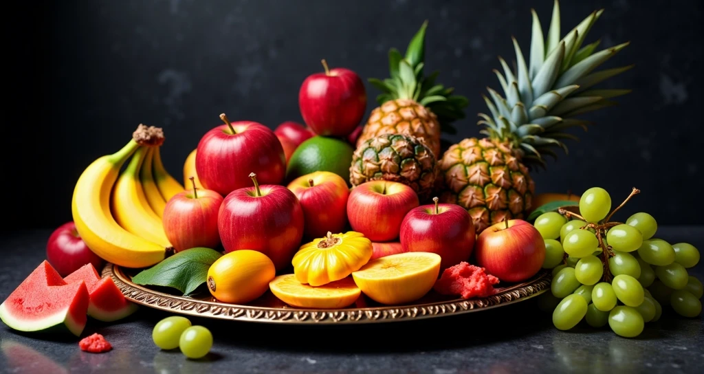  Photo with fruits on a large plate on a dark background apples bananas,pineapple,sliced watermelon,green grapes 