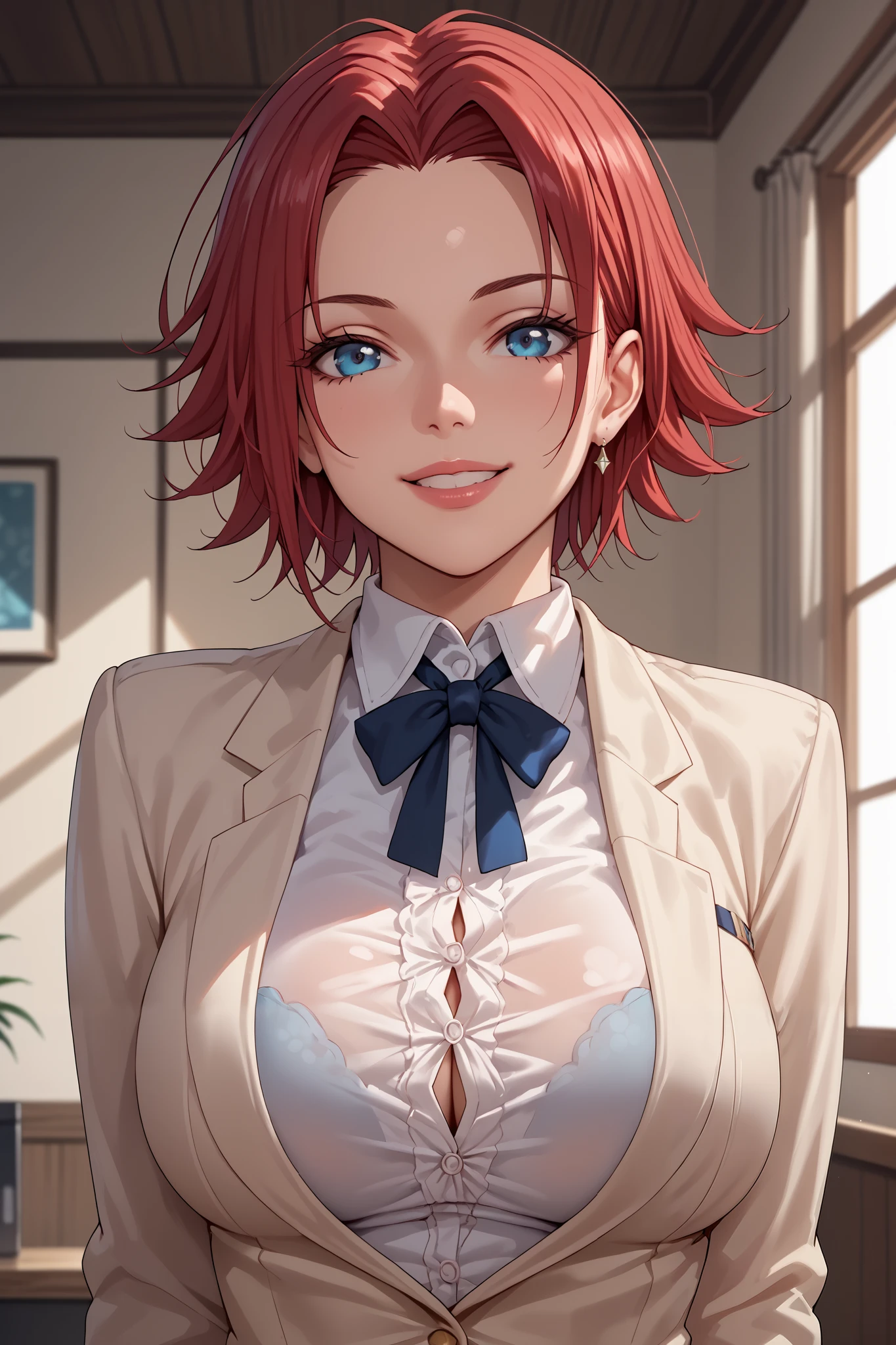 score_9, score_8_up, score_7_up, score_6_up, score_5_up, score_4_up, 
KallenStadfeldXL, blue eyes, red hair, short hair, hair intakes, large breasts, 
suit under clothes!,
solo, front view, (portrait, upper body), solo focus, seductive smile, looking at viewer, indoors 