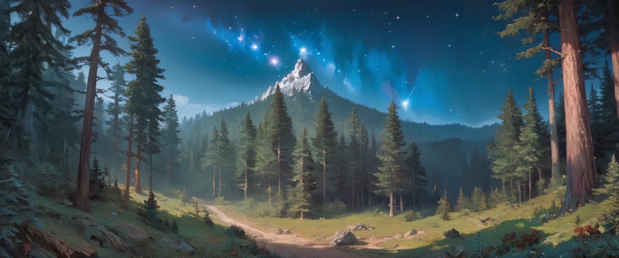 Precise old encyclopedia (best quality:1.2), (detailed:1.2), (masterpiece:1.2), vintage illustrations of a pine forest at night, pine forest, black sky with stars and galaxies and comet