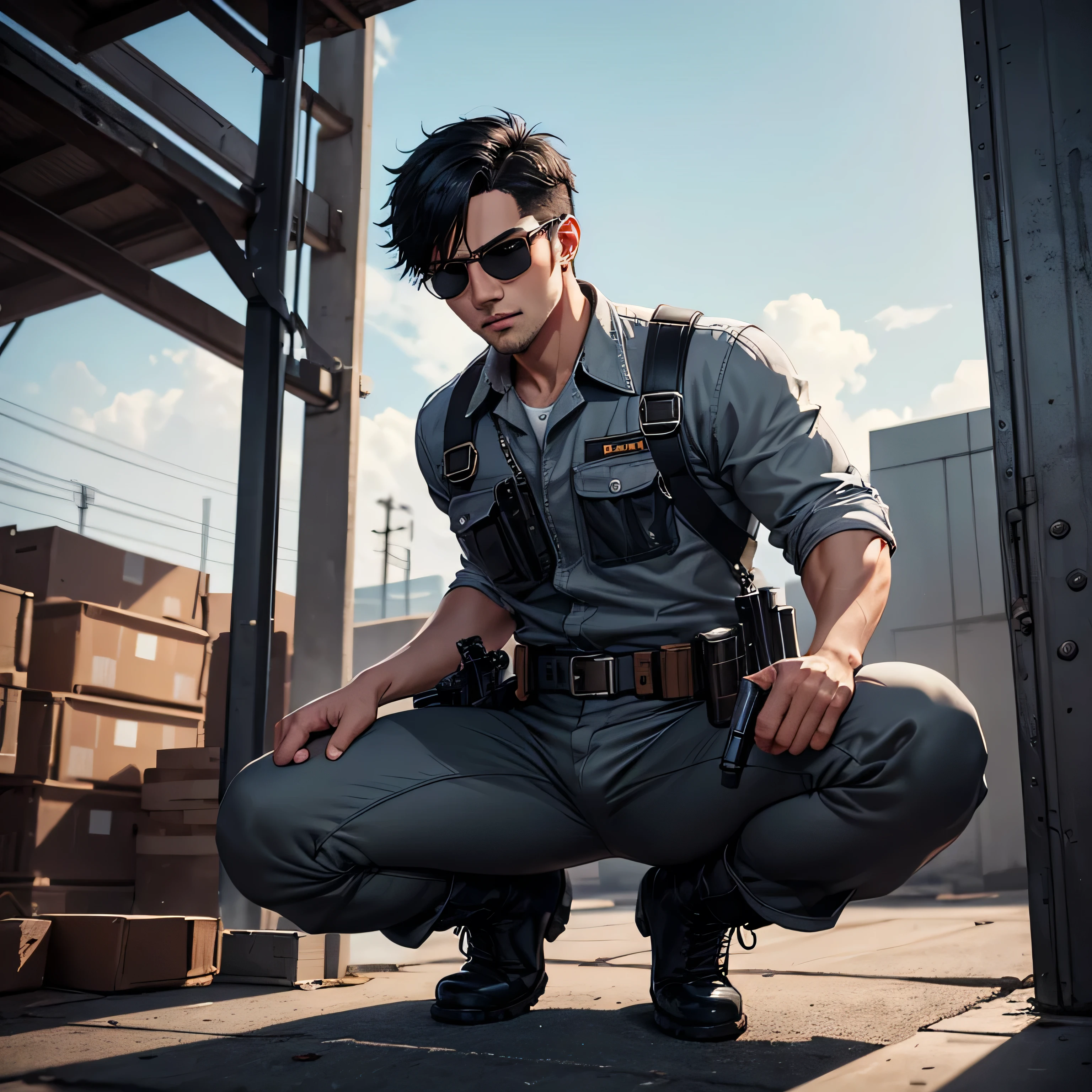  handsome 30-year-old man 　Light gray full body workwear 、Shocker Belt、 black work boots 、 Gunfight、 sniper from the warehouse roof 、point a gun at the enemy below 、 open your legs wide、 squat、 staring at the camera while preparing to launch、logic , black hair、 very short hair 。 the crotch part of his pants is bulging 、scream、 view from below,  camera 、 cool pose　 upper body lift with an emphasis on facial expression　 black sunglasses 