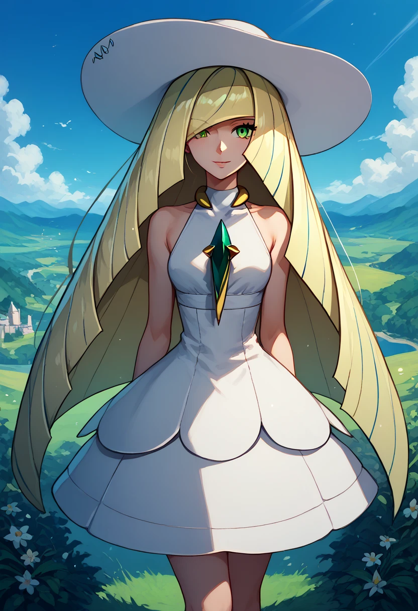 pokemonlusamine, blonde hair, green eyes, hair over one eye, long hair, multicolored hair, streaked hair, very long hair, collared dress, dress, hat, sleeveless, sleeveless dress, sun hat, sundress, white dress, white headwear, outdoors, island