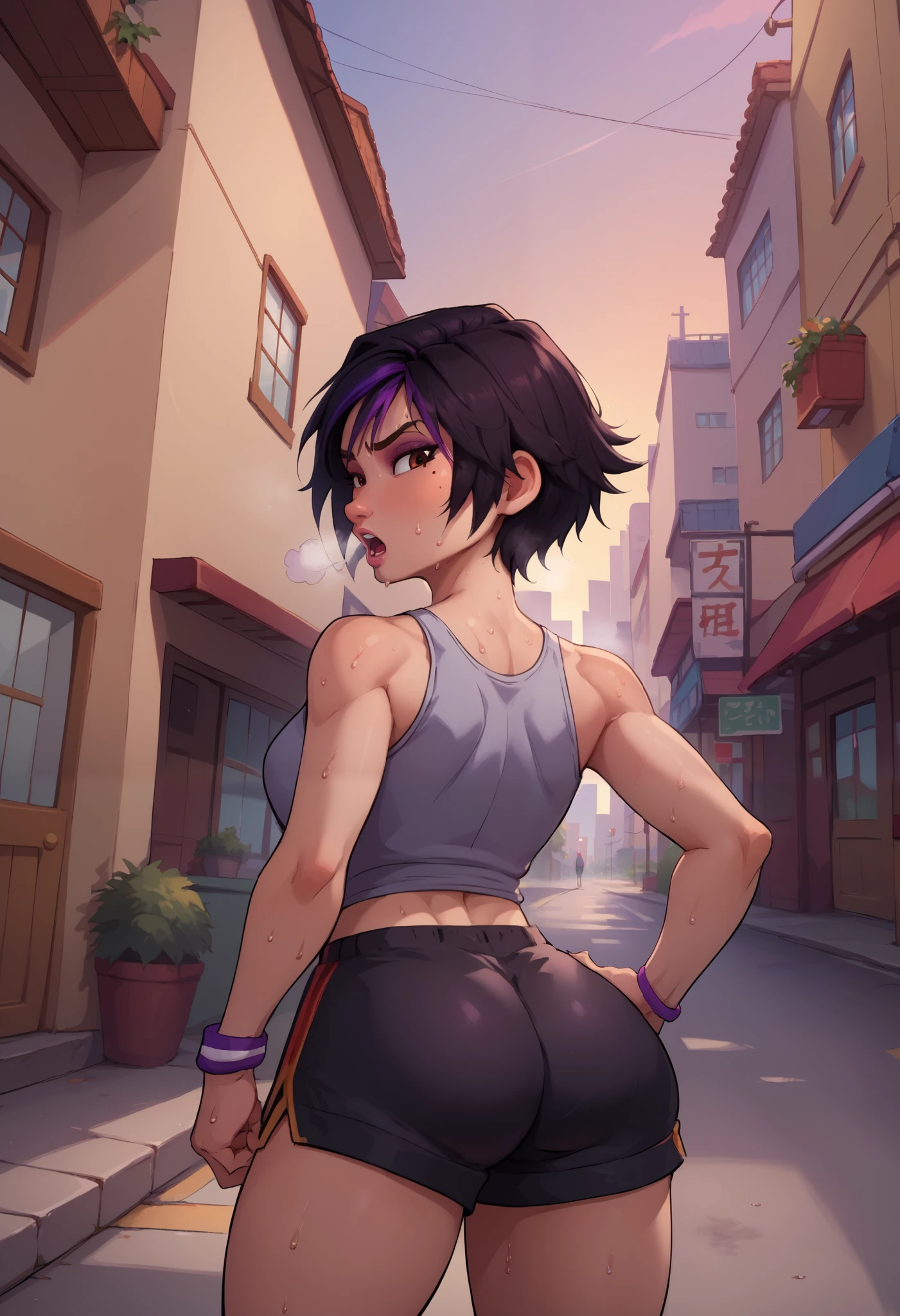 score_9, score_8_up, score_7_up, BREAK,gogotomago, 1girl, solo, short hair, black hair, jewelry, lo purple hair, bracelet, makeup, casual, cowboy shot, brown eyes, looking at the ground, large breasts,outdoors,city, hands on hips, grey tanktop, sweaty, black shorts, extausted, open mouth, dripping sweat, sweating purfusly, chin sweating, arms sweaty, breathing, steam coming out her mouth, back view, full body, big ass, looking back