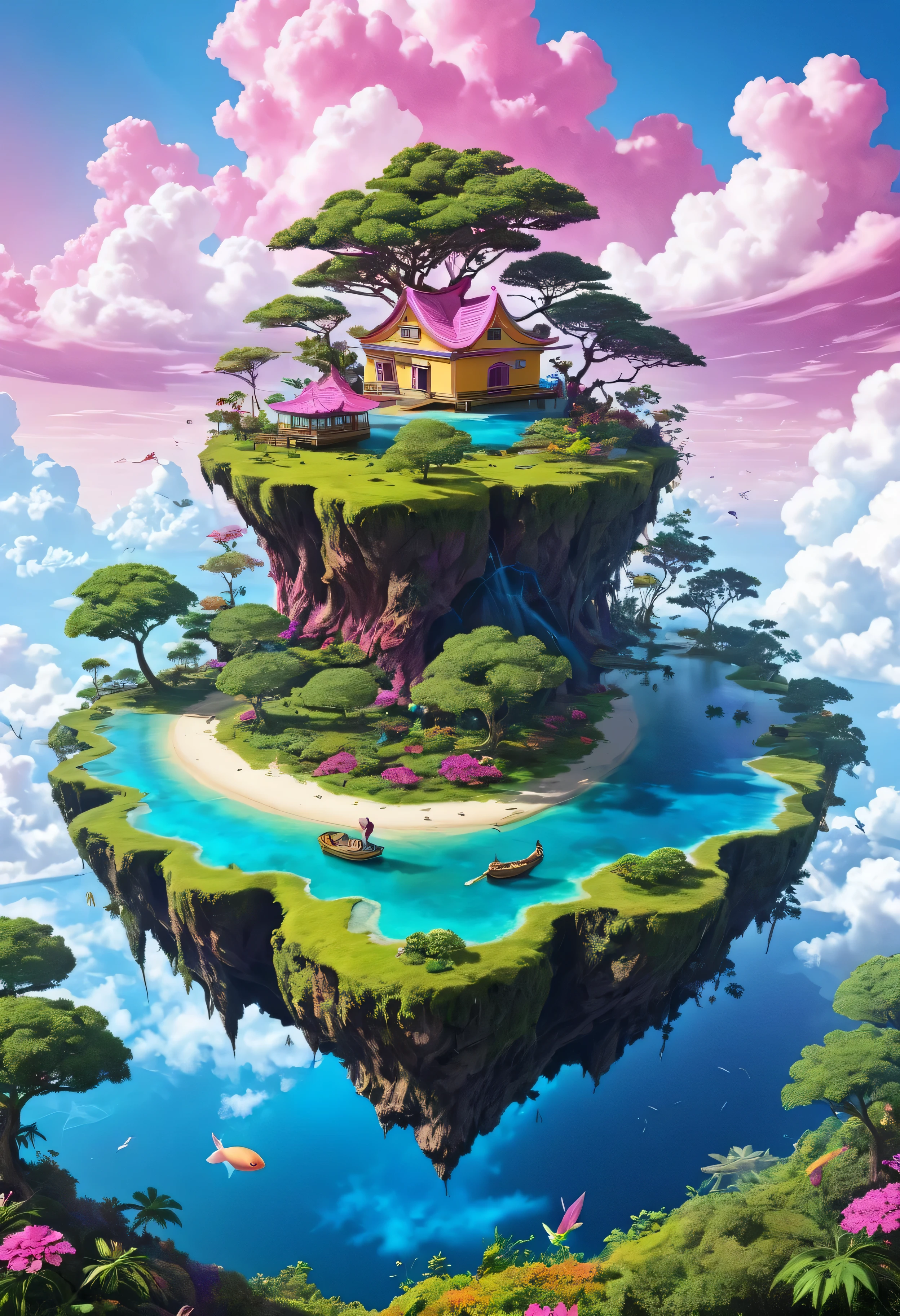  Create an image of a floating island  ,  the island has non-terrestrial inhabitants , is it a parallel world  , A fantasy world , full of colors , pink clouds, árboles que no existen en la tierra , animales nunca antes vistos , full of colors , strong colors , The best image quality 