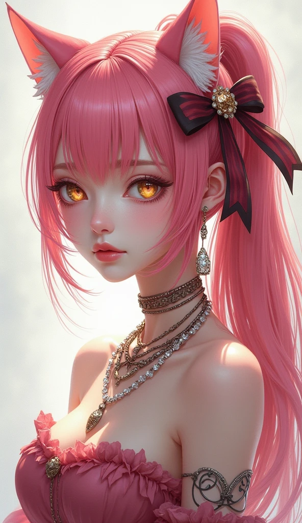 Green Eyes, (Highest quality, masterpiece painting:1.3), Mature Woman, 26 years old,  (Half Body Shot), masterpiece, Ultra-high resolution, (Photorealistic:1.0), Pink Hair、Straight hair, Beautiful and shiny hair, White and glowing skin, ((Ultra-Realistic Details)), Octane Rendering, Highly detailed face, (Big Breasts:0.8),(Sexy and cute Chinese dress,Red and white contrast outfit,Delicate decoration:1.2), Open neckline, (necklace:1.0),Cleavage, Perfect body, Soft Skin, Anime Face, Perfect Face, Perfect Eyes, Looking at the audience, Smart, Autumn leaves under the tree background, Autumn leaves falling, Outdoor,shrine, Sharp focus, Intricate details, Professional artwork, (Bright colors:1.1), Bright colors, diffused Lighting, Digital Blending, Ultra high definition body, Super detailed hair, Highly detailed face, that&#39;that&#39;Trending on pixiv, Open the top button, Cute gaze, Compensate, Perfect Lips, perfect Compensate, Ultra-precision coating, (Light_smile:0.8), (Very embarrassed:1.2), Blushing your nose,