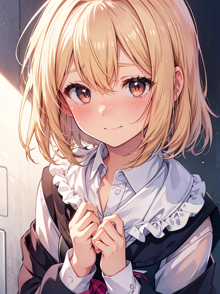 1girl,  small breasts,school uniform,
face close-up,raise your hand,I can see the side,
eliminate shadows
blonde hair,short hair,blonde eyes,blush, nose blush, embarrassed,very embarrassed,face forward,best quality, high definition , masterpiece,  Minimalist , accurate,  smiles, happiness/joy, 