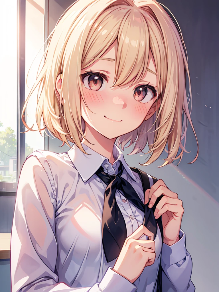 1girl,  small breasts,school uniform,
face close-up,raise your hand,I can see the side,
eliminate shadows
blonde hair,short hair,blonde eyes,blush, nose blush, embarrassed,very embarrassed,face forward,best quality, high definition , masterpiece,  Minimalist , accurate,  smiles, happiness/joy, 