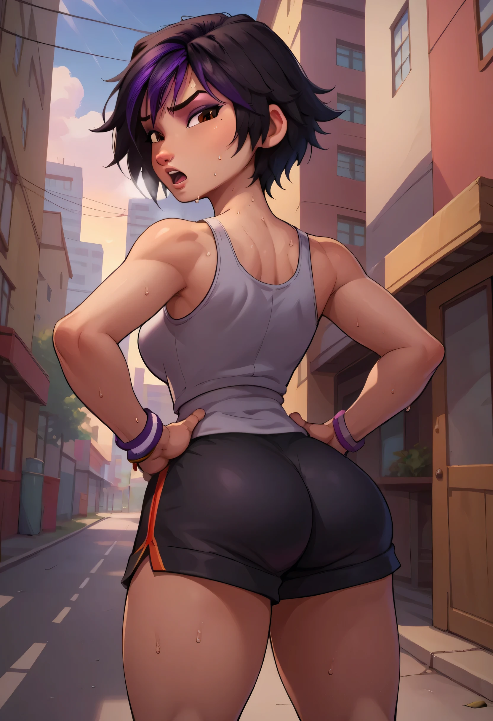 score_9, score_8_up, score_7_up, BREAK,gogotomago, 1girl, solo, short hair, black hair, jewelry, lo purple hair, bracelet, makeup, casual, cowboy shot, brown eyes, looking at the ground, large breasts,outdoors,city, hands on hips, grey tanktop, sweaty, black shorts, extausted, open mouth, dripping sweat, sweating purfusly, chin sweating, arms sweaty, breathing, steam coming out her mouth, back view, full body, big ass, looking back