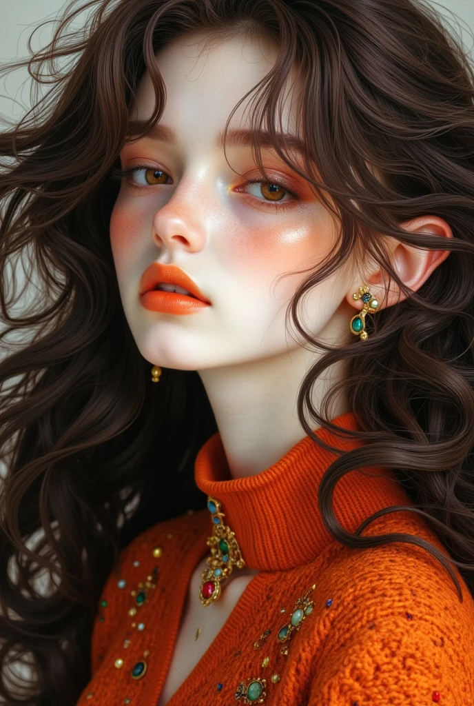 girl,  Long Brown Hair ,  Brown Eyes , Sharp features,  white skin,  bright orange lips, Perfect, Wearing a colored sweater .