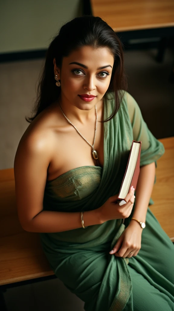 day scene, extreme close up photo of naked aishwarya from top view, hourglass figure, swooping breasts, deep cleavage, curvy, armpits, seductive eyes, look at viewer and subtle smile, posing in classroom with book, necklace, green saree, red lips, sultry, ponytail, (cinematic:1.3), intricate details, (ArtStation:1.2)