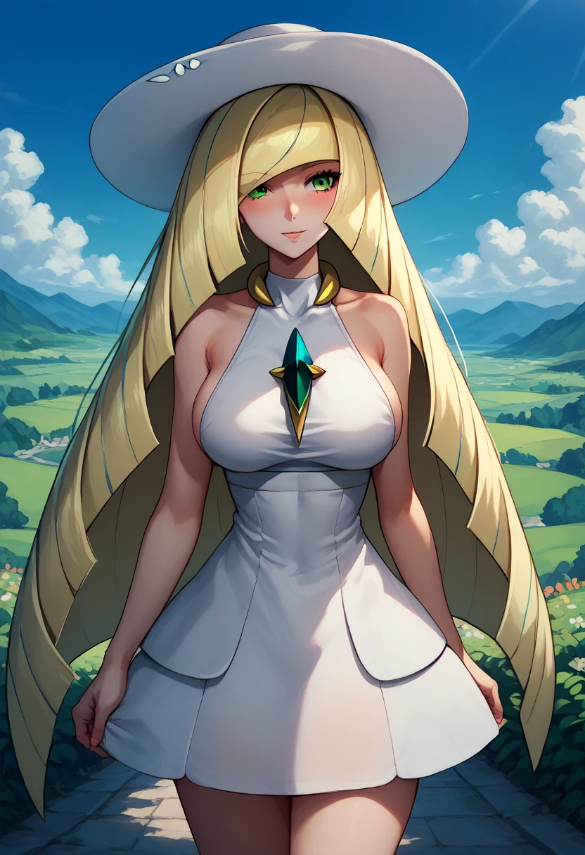 pokemonlusamine, blonde hair, green eyes, hair over one eye, long hair, multicolored hair, streaked hair, very long hair, collared dress, dress, hat, sleeveless, sleeveless dress, sun hat, sundress, white dress, white headwear, cowboy shot, outdoors, island, large breasts, tall, micro dress, sideboob, blush, 