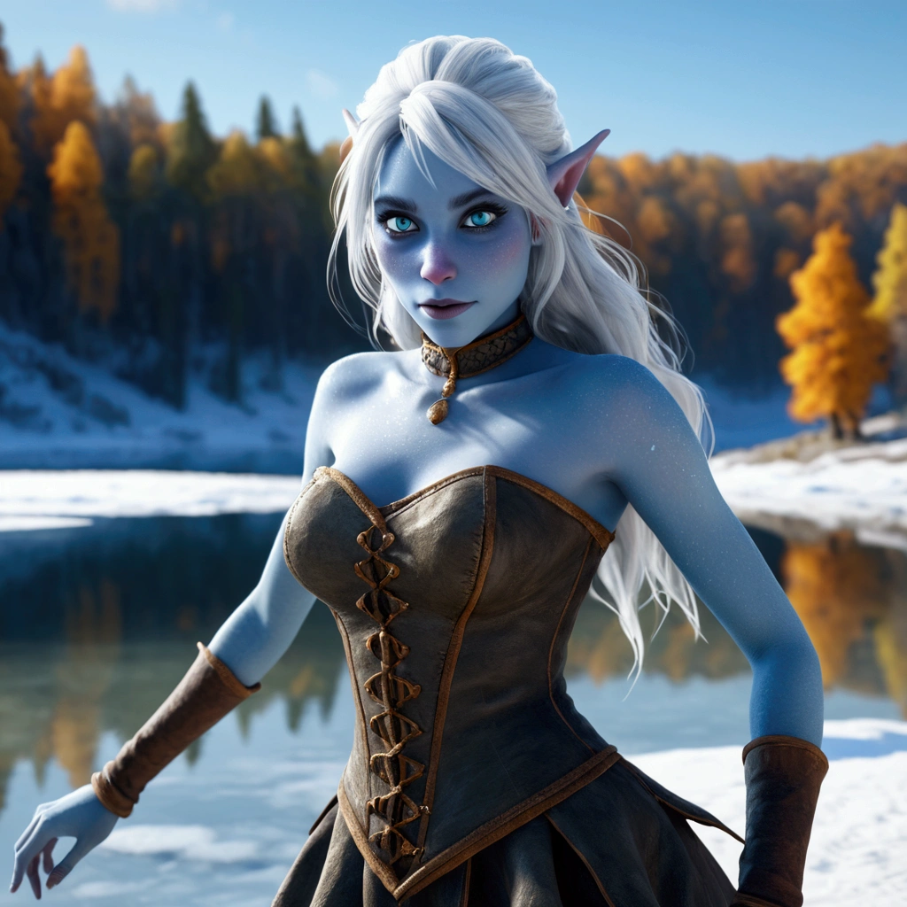 absurdrez, (fidelity:1.4), photo, ((best quality)), ((masterpiece)), (detailed), 4k, tiny blue feral goblin girl, (blue skin), blue eyes, (white hair), covered in frost, delicate, beautiful, tiny breasts, blue all over, covered in ice, ethereal, small breasts, wearing long flowing white sheer cape and intricate white corset, cinematic still, romantic lighting, happy, celebrating, cheering, exuberant, arms raised, smiling, happy, dancing, outside in the snow, kicking up snow, snowing, detailed hands, detailed eyes, perfect hands