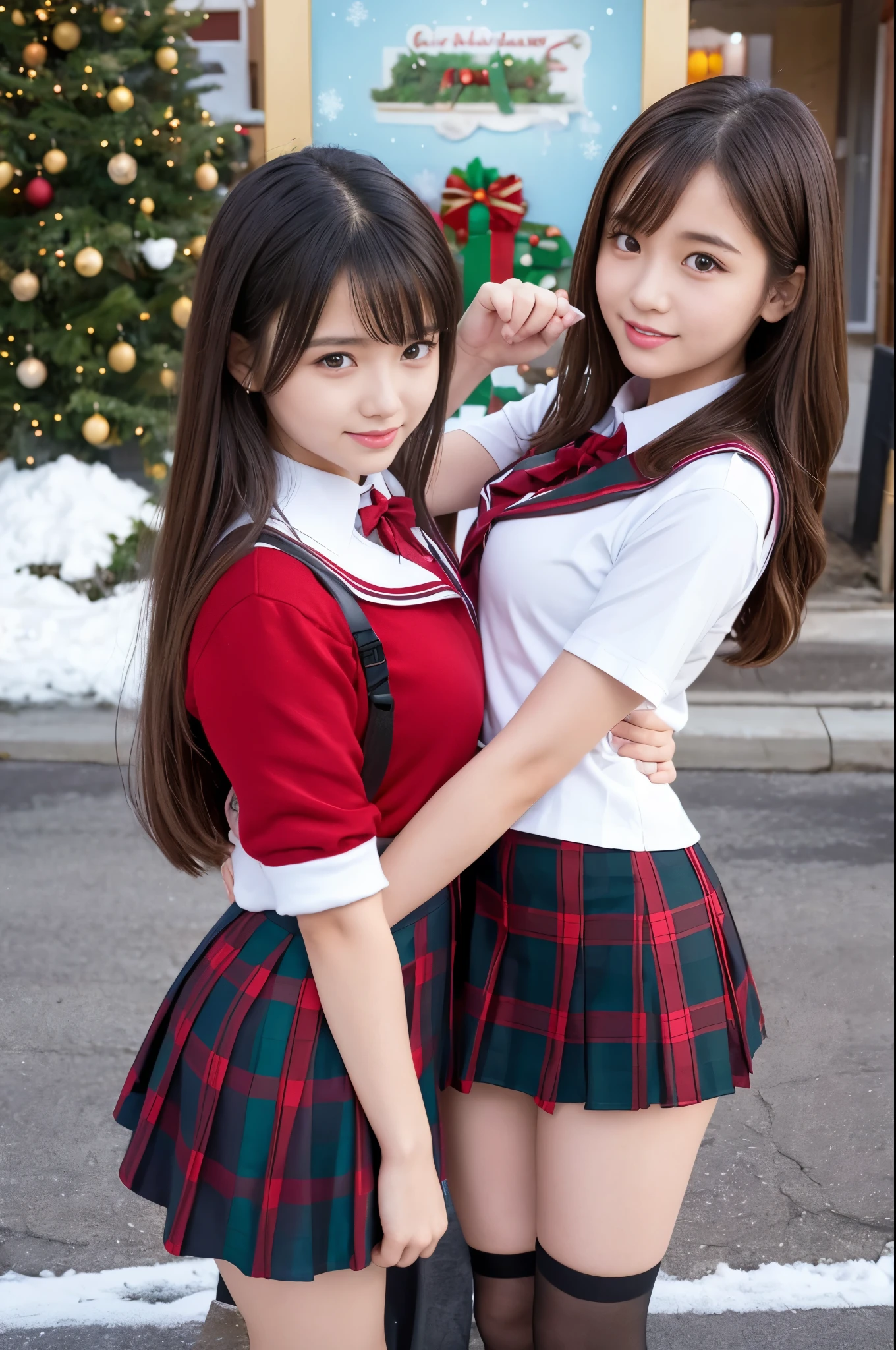 Two girls hugging each other、kawaii faces、High School Uniforms、Colossal tits、Very big、a beauty girl、Lori、Angle from below