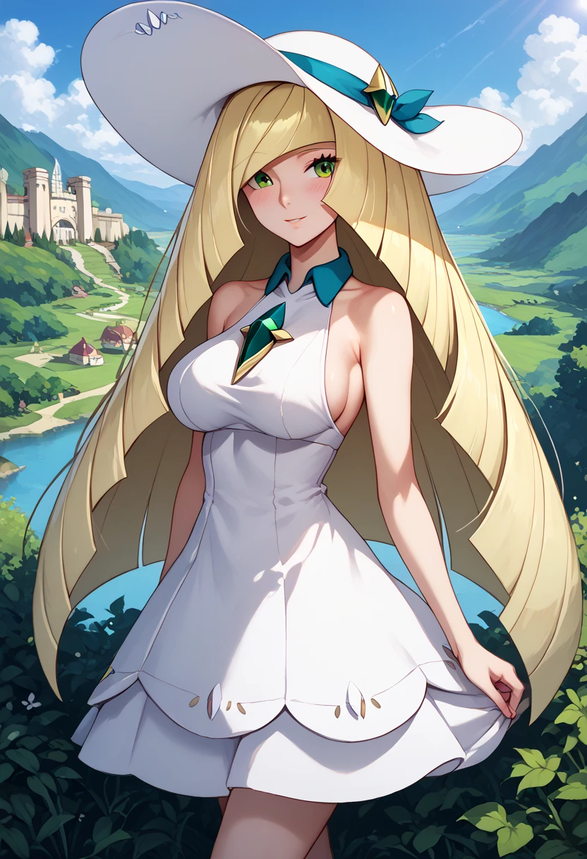 pokemonlusamine, blonde hair, green eyes, hair over one eye, long hair, multicolored hair, streaked hair, very long hair, collared dress, dress, hat, sleeveless, sleeveless dress, sun hat, sundress, white dress, white headwear, cowboy shot, outdoors, island, large breasts, tall, micro dress, sideboob, blush, 