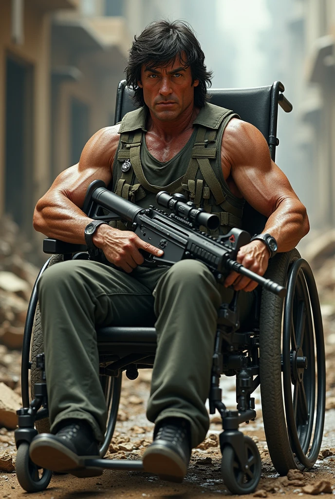 Rambo Sylvester Stallone in wheelchair with knife and machine gun 
