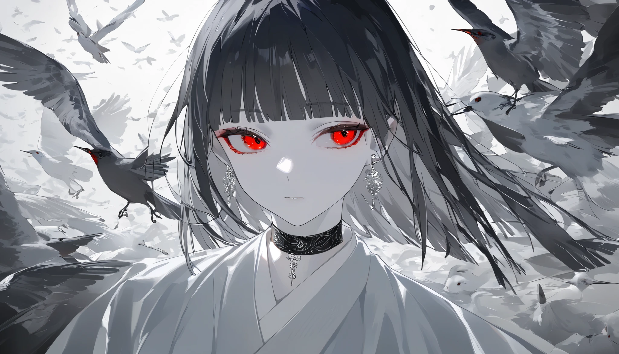 Alone,  handsome, 
1. male,
hime cut, straight hair , short hair, 
Gray Hair, 
Gojo Satoru ,
red eyes, soft impression , beautiful, beautiful,Sexy, darkness,many silver earrings , choker ,
White OVERsize パーカー,
 white skin,bird,wing,
White background,