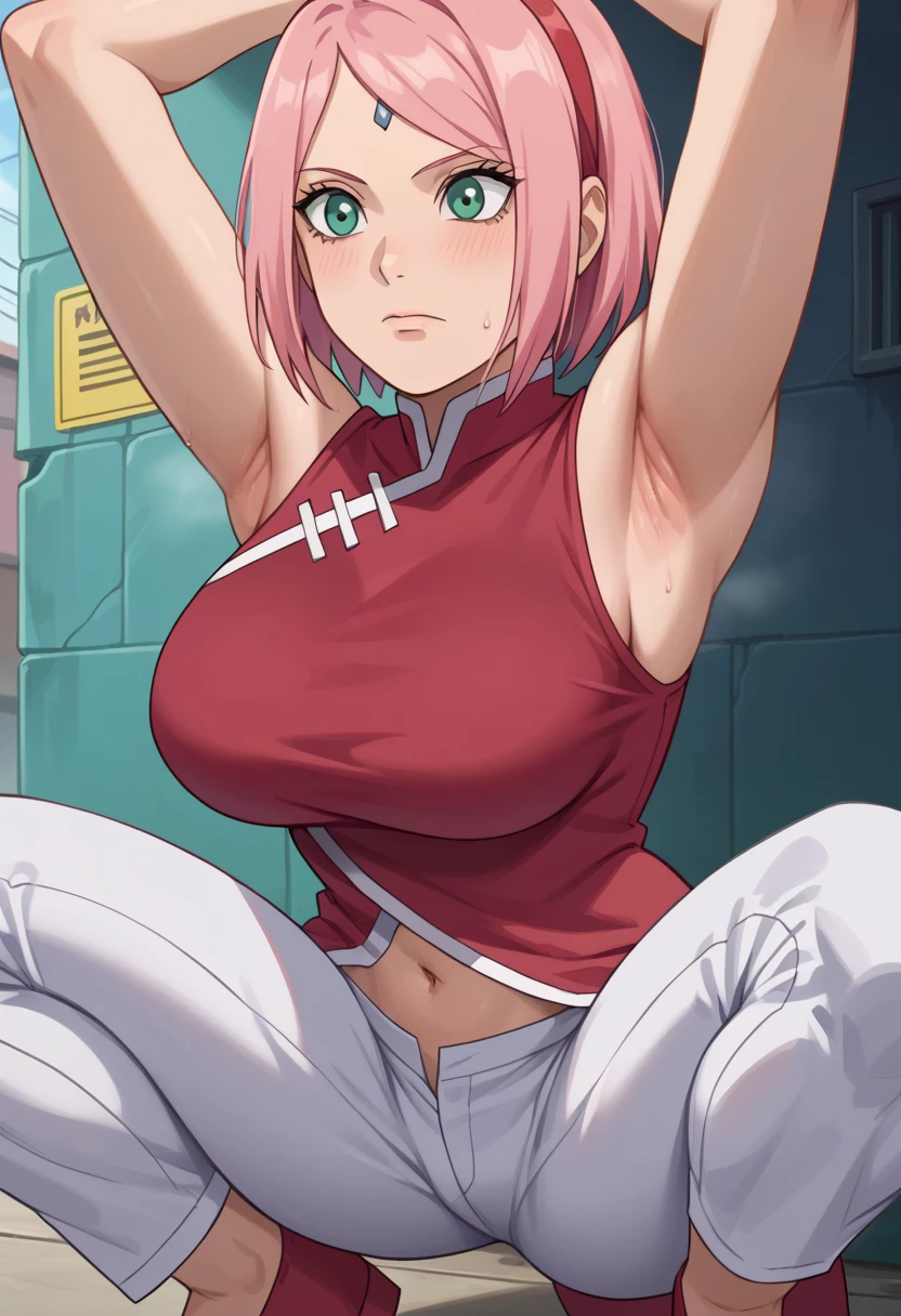 score_9, score_8_アップ, score_7_アップ, ソース_أنيمي, أنيمي screencap,,nsfw,haruno sakura,sakura,green eyes ,pink hair, short hair,, red sleeveless dress, navel, large breasts, white pants,In a dimly lit alley ,Armpit,Armpit wrinkles,Armpit smell,Armpit juice,Arms up,Stretch,pubic hair,under hair,squat down, 