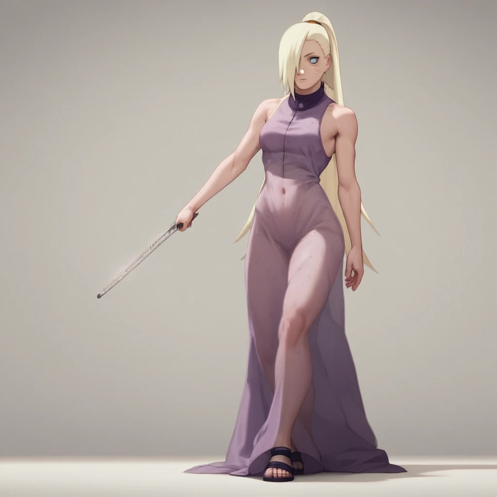 Masterpiece, High Resolution, Anatomically Correct, Best Quality, Super Detailed, Textured Skin, Unreal Engine, Full Body, Image Fill, Yamanaka Ino (NARUTO), Long Hair, Blonde Hair, Ponytail, Hair Over One Eye, tall, slender, curvaceous figure, age: 19, Light-Blue Eyes, Purple See-Through Dress