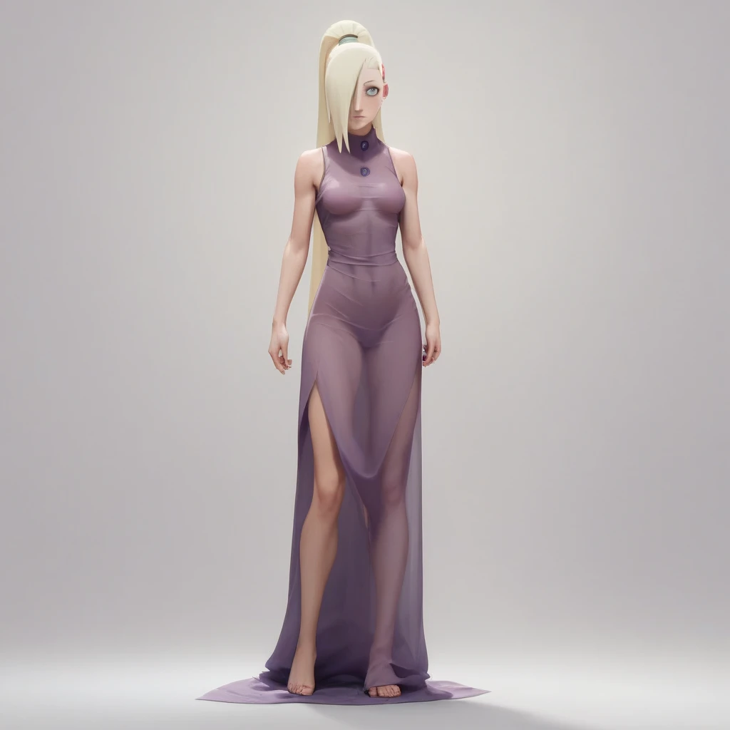 Masterpiece, High Resolution, Anatomically Correct, Best Quality, Super Detailed, Textured Skin, Unreal Engine, Full Body, Image Fill, Yamanaka Ino (NARUTO), Long Hair, Blonde Hair, Ponytail, Hair Over One Eye, tall, slender, curvaceous figure, age: 19, Light-Blue Eyes, Purple See-Through Dress