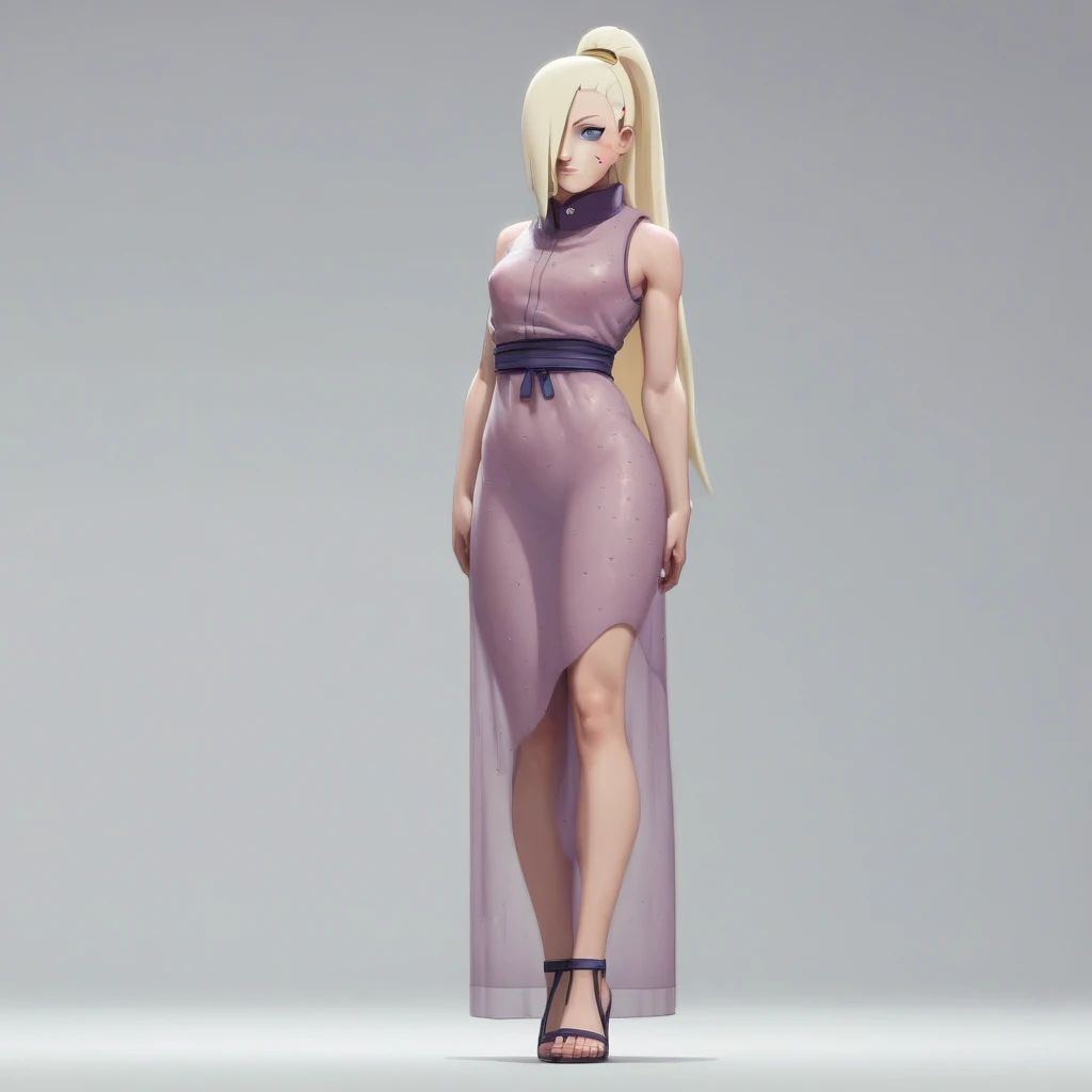 Masterpiece, High Resolution, Anatomically Correct, Best Quality, Super Detailed, Textured Skin, Unreal Engine, Full Body, Image Fill, Yamanaka Ino (NARUTO), Long Hair, Blonde Hair, Ponytail, Hair Over One Eye, tall, slender, curvaceous figure, age: 19, Light-Blue Eyes, Purple See-Through Dress