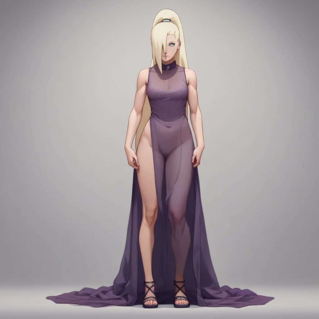 Masterpiece, High Resolution, Anatomically Correct, Best Quality, Super Detailed, Textured Skin, Unreal Engine, Full Body, Image Fill, Yamanaka Ino (NARUTO), Long Hair, Blonde Hair, Ponytail, Hair Over One Eye, tall, slender, curvaceous figure, age: 19, Light-Blue Eyes, Purple See-Through Dress