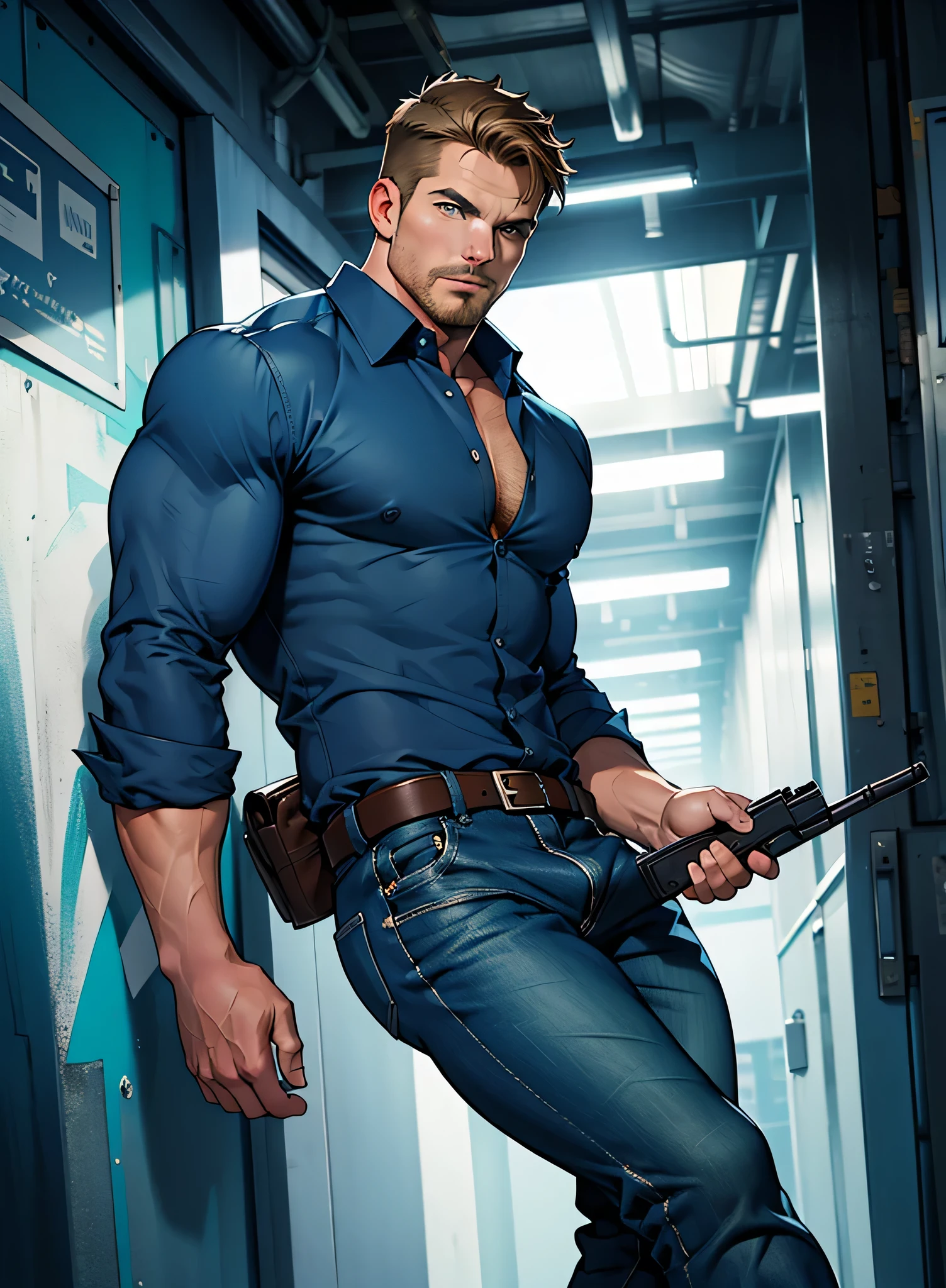 1 man, male focus solo,45 yo man,Stephen AMELL as private investigator,  lean muscle, open blue shirt, marine blue jeans with brown belt ,( big bulge), full body shot, dark blond short hair, well groomed facial hair, holding a gun with one hand, , ultra high quality, masterpiece, ( ever changing background, blue and white and green arabesques lines in the blackground)