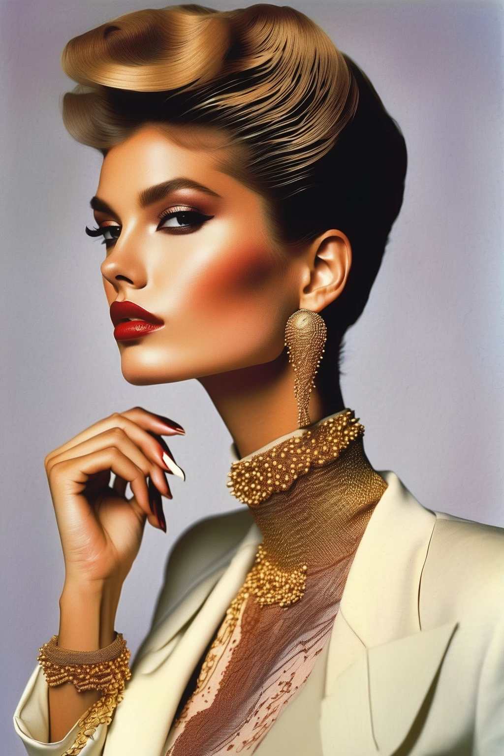 FRESHIDEAS 1980s retro fashion *****,surrealist style,a fashion model,exquisite makeup,smart suits,spiky heels,powerful and sexy.,