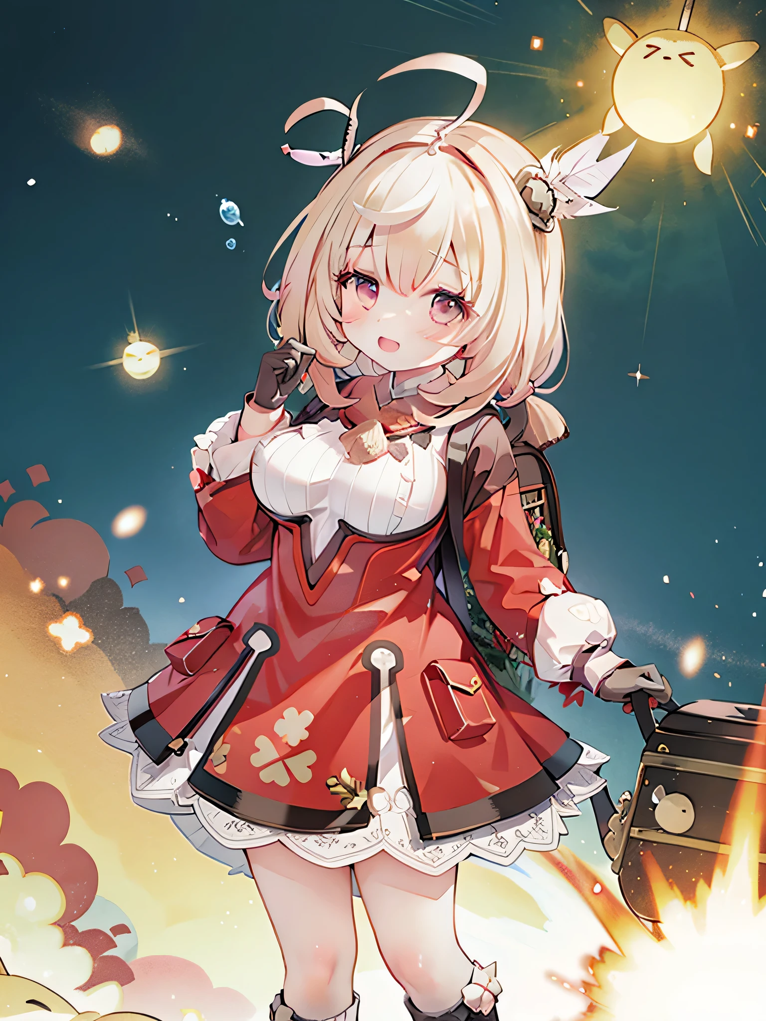 Highly Detailed CG Unified 8K Wallpaper , Ultra High Definition 8KCG Wallpaper , absurd ,On , top quality , ultra-detailed , beautiful face ,masterpiece、masterpiece, top quality, one girl , the girl is standing、masterpiece, top quality, one girl , explosion, clay (Genshin Impact), has , Alone, long boots, gloves, Red headdress, smile, open mouth, backpack, bag, looking at viewer, Big Breasts, Twin Tails , dress, long hair, has feather, Brown footwear, Long Sleeve , Red Dress , Knee Boots, bangs, , holding a star , red eyes, :d, Blonde, cabbie has , socks, ロー・ Twin Tails , Eat a hot dog by sandwiching it between your hands, Knee-length, feather, Brown gloves, dodoko (Genshin Impact), 白いfeather, 上のteethだけ, teeth, side lock, satchel, scarf