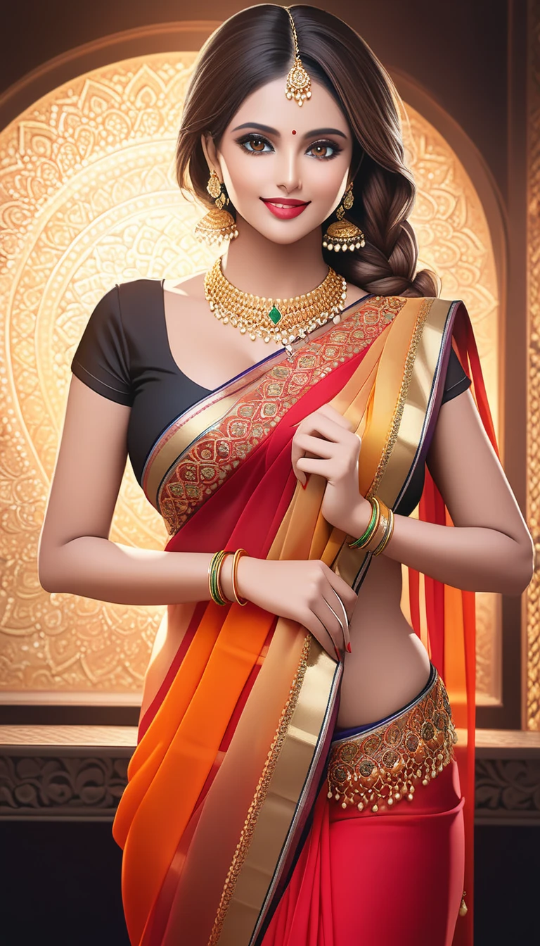 (1woman, mature, single hair braid, transparent saree, big long jhumka earrings, detailed alluring eyes, smooth detailed lips, beautiful face, smiling, red lipstick, navel, bangles, saggy breasts, hyperdetailed, vibrant colors, studio lighting, masterpiece, cinematic composition, dramatic lighting, intricate details, highly realistic skin textures, volumetric lighting, beautiful intricate jewelry, warm color palette, natural lighting, elegant pose, beautiful detailed expression, hyper realistic rendering, seamless blending, flawless skin, glowing skin, delicate features, breathtaking realism, striking composition),tall , necklace, bangles ,navel,full body view,oily skin 