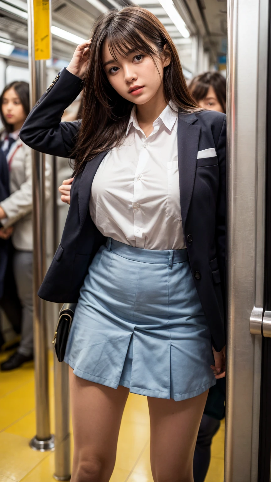 A  old school girl, beautiful, ideal body, wearing a school uniform, 1girl, high school, is being squeezed into a crowded train, ((standing and open legs)), (detailed face), (detailed body), medium breast:1.3, thick thighs, short skirt, up skirt, messy hair, tears, crying, tearing up, scared, accurate, anatomically correct, textured skin, super detail, high quality, highres, 8k, UHD