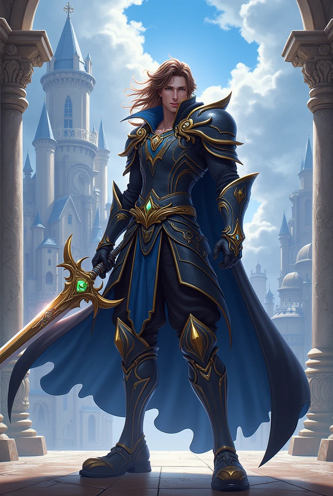 A mature and handsome man with blue pupils, short yellow hair, a confident expression, wearing gorgeous silver armor with golden patterns all over the armor, exuding light blue luster, holding a huge sword, a paladin