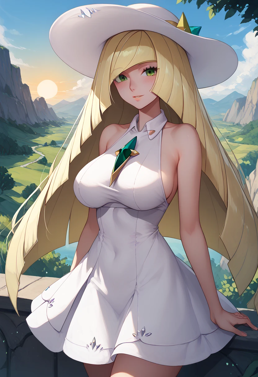 pokemonlusamine, blonde hair, green eyes, hair over one eye, long hair, multicolored hair, streaked hair, very long hair, collared dress, dress, hat, sleeveless, sleeveless dress, sun hat, sundress, white dress, white headwear, cowboy shot, outdoors, island, large breasts, tall, micro dress, sideboob, blush, milf, mature woman, 