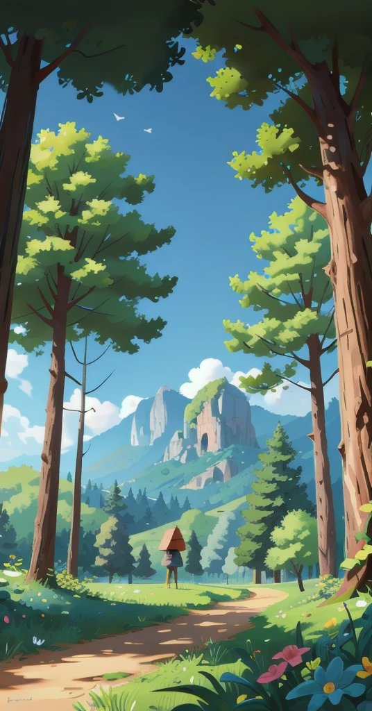 European and American cartoons, Beautiful sunny woods，Far View，Front view