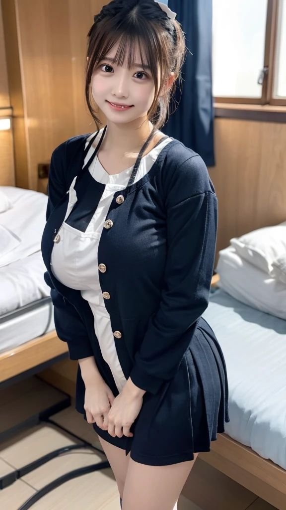 top quality ,  very detailed with crimson hair, finely,  high definition  , 8k wallpaper,  perfect dynamic configuration ,whole body,  standing facing the camera, Hospital room ,nurse ,Nice young girl ,20 years old,白のnurse服,ワンピースのnurse服,Nice young girl，Kind Face ,smile , Big Breasts, Beautiful breasts ,  small face  , Black Hair ,  ponytail hair