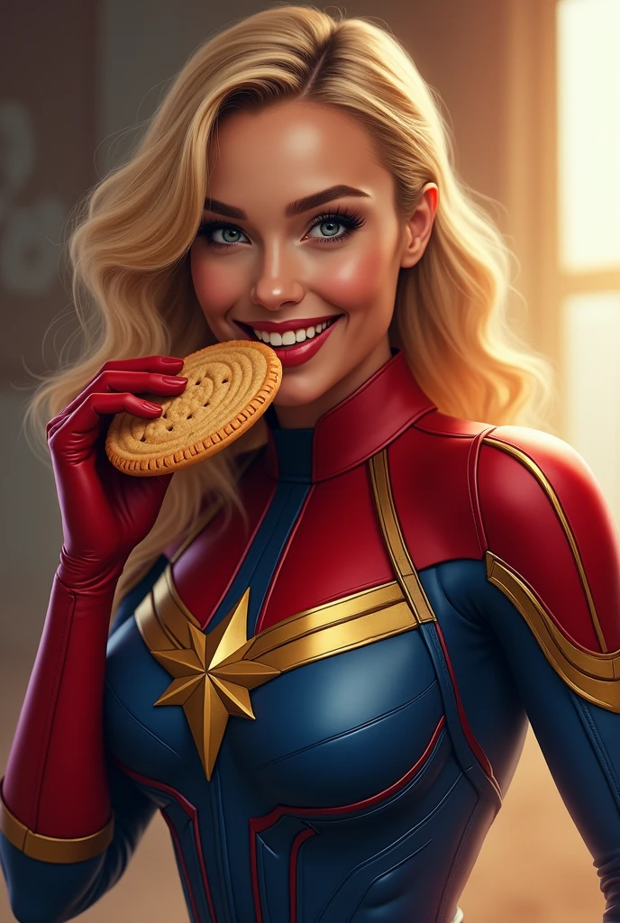 and looking captain marvel eating a big biscuit greedily , there is a smile on her face