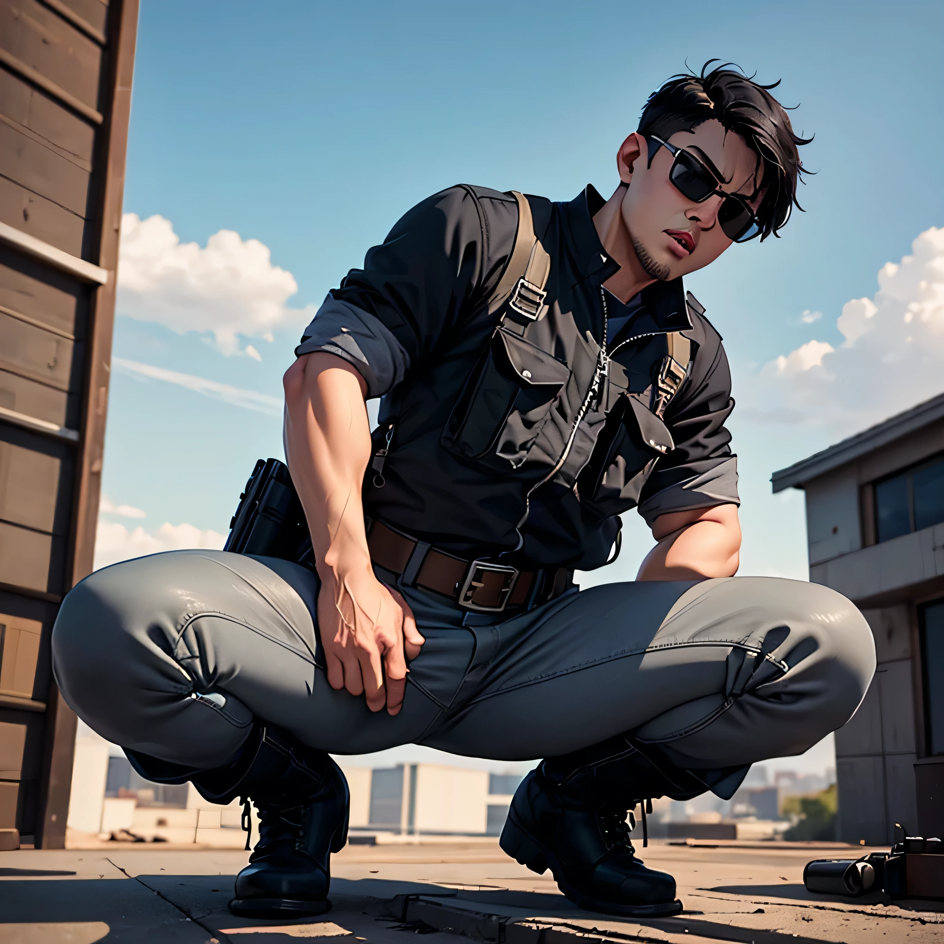  handsome 30-year-old man 　Light gray full body workwear 、Shocker Belt、 black work boots 、 Gunfight、 sniper from the warehouse roof 、point a gun at the enemy below 、 open your legs wide、 squat、 staring at the camera while preparing to launch、logic , black hair、 very short hair 。 the crotch part of his pants is bulging 、scream、 view from below,  camera 、 cool pose　 upper body lift with an emphasis on facial expression　 black sunglasses 