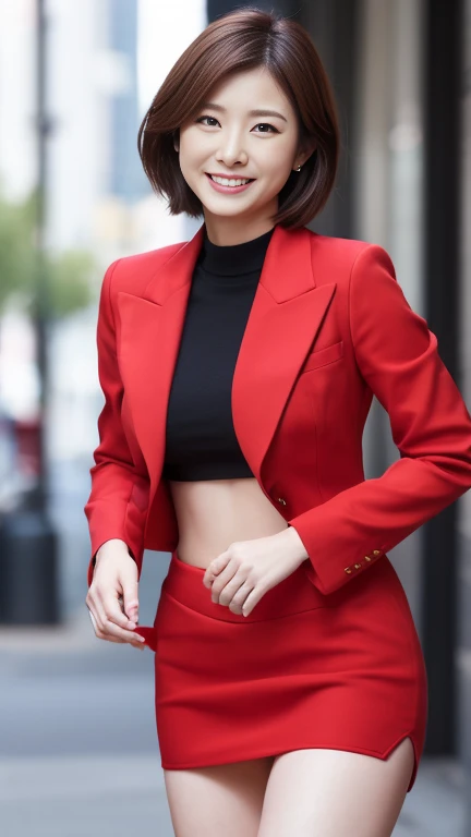  Masterpiece、 top quality、UHD,Hyperrealistic、Clear image、Japanese female politicians、Red luxury suit、 super mini tight skirt 、 fashion model body type、 long foot、Big Breasts、sfw, slim body 、(( Very Short Hair:1.1))、 Confident Smiles 、Active leg moving、