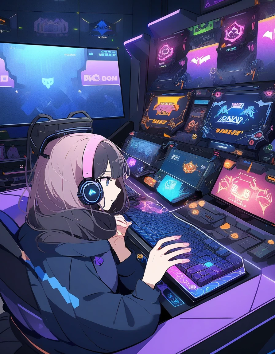 ((backgrounds:video game room)), beautiful, masterpiece, best quality, black hair, audlt, mature, (pretty eyes), (delicate face), animation, 1girl, gamer, pc game playing, keyboard, (headphones), progamer, intricate details, (5 fingers, fine handshape, 1.5),