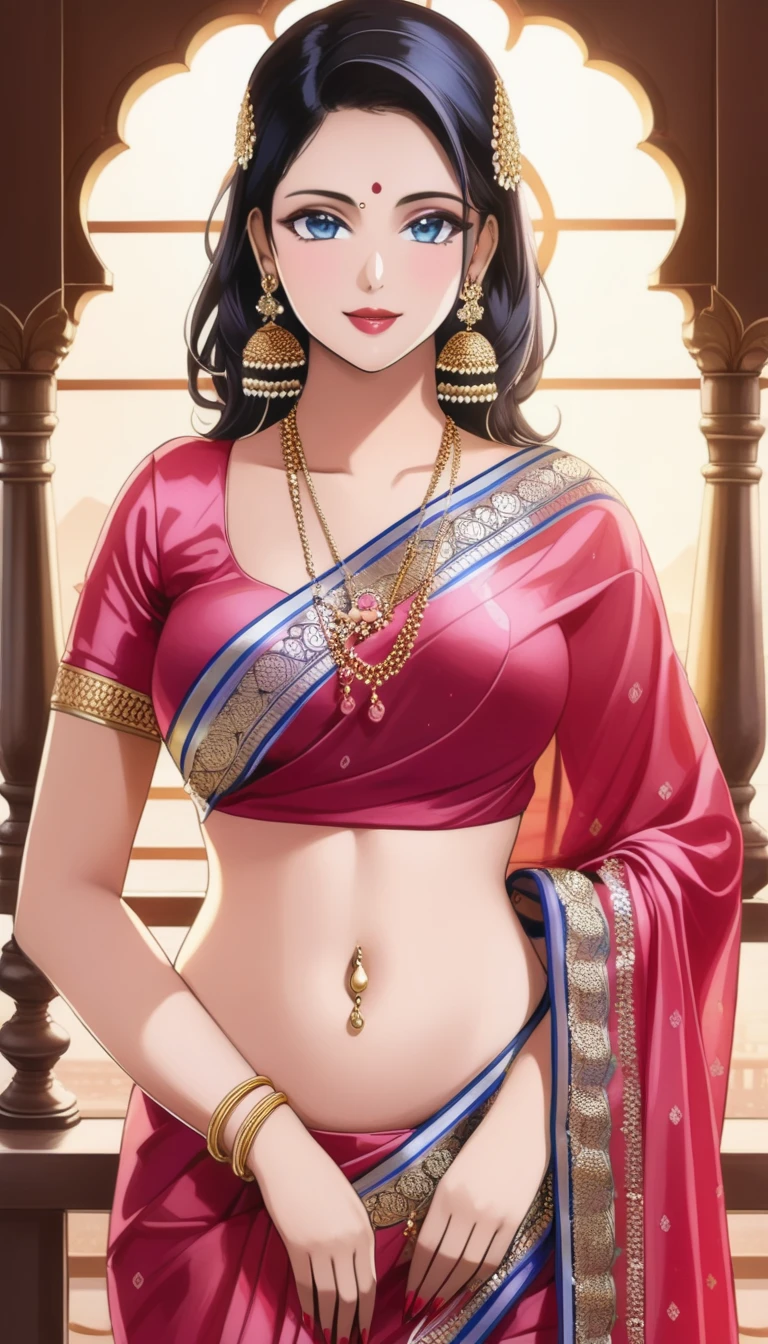 Renowned actress at the age of 28 , with intricate designs, detailed long big kundan jhumka earrings,red lipstick, black hair, medium round breasts, Deep cleavage ,face makeup, navel, eyeliner, eyeshadow, necklace,bangles, accessories , detailed blue eyes, tight pink blouse,oily skin, red lipstick,  ,necklace , looking at viewer, seductive face, seductive expression , happy face,big ass,body chain , jewellery ,  biting her lips , blush ,wet hair , detailed accessories,navel piercing,ear piercing ,  silk  saree,navel,