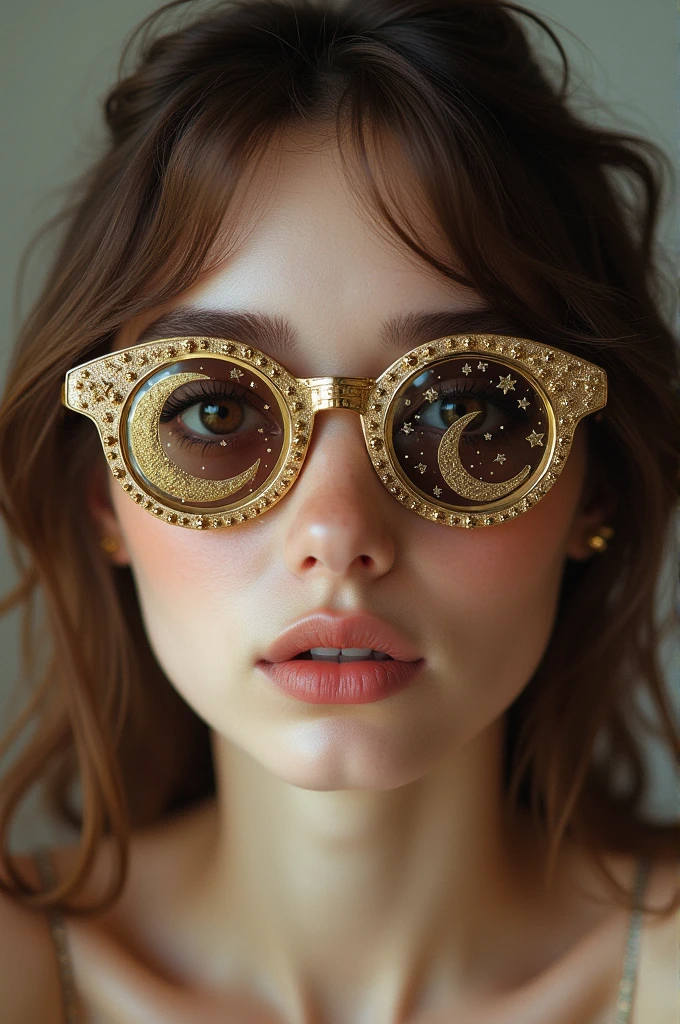 The model is wearing sunglasses with stars and the moon on the lenses with brown hair narrow face brown eyes thin body and French nails