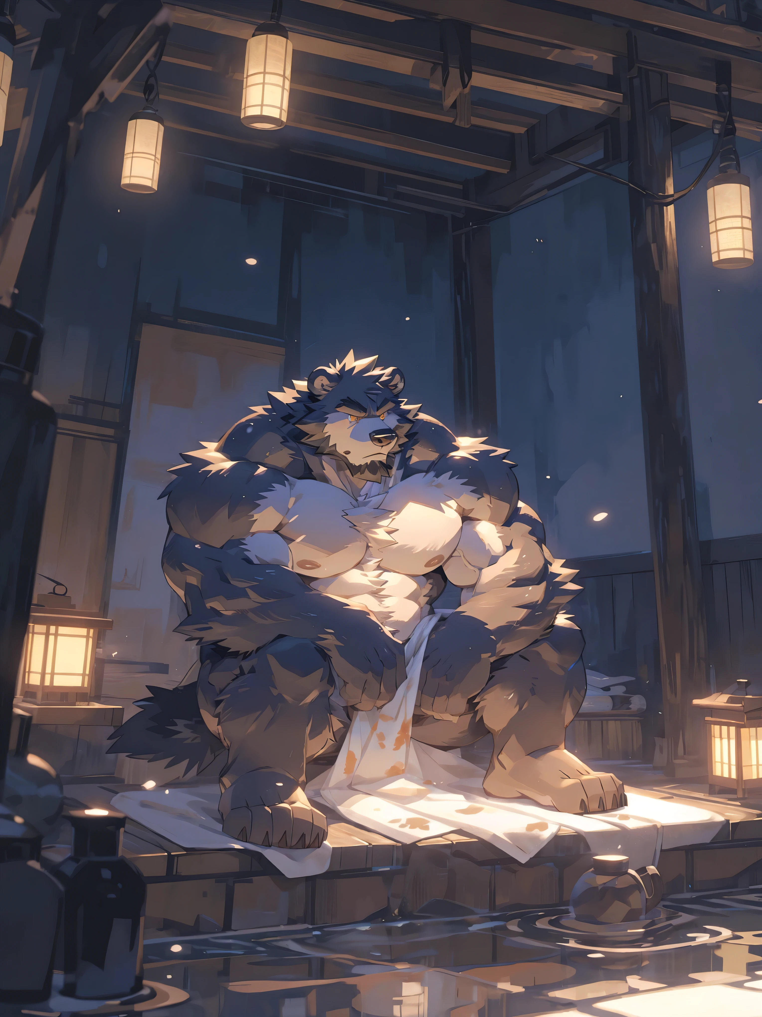 (masterpiece:1.2), best quality,pixiv,official art,perfect anatomy, (Ray tracing, light),solo, (1_male:1.3) , (muscle), (gray fur:1.4), (muscle bear), (beard:1.2), (gleaming golden eyes), Thick eyebrows, (naked:1.3) ,onsen, Japanese style , onsen ryokan, wet body, (fog:1.3) , full body, soak in the onsen ,water reflection