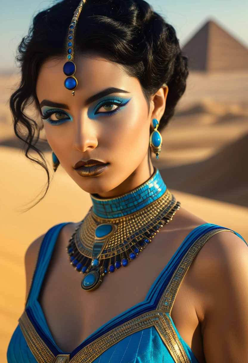 A photograph of Cleopatra with natural skin., short and voluminous black hair, sharp eyes with blue eye shadow, a thin, upturned nose, well-formed lips, a curvy body shape, typical stuff, and makeup, intricately maximalist and detailed, Vibrant, epic, seeds, cinematographic, 4k, backlit, fantasy desert background, Perfect body, showing bare breasts 