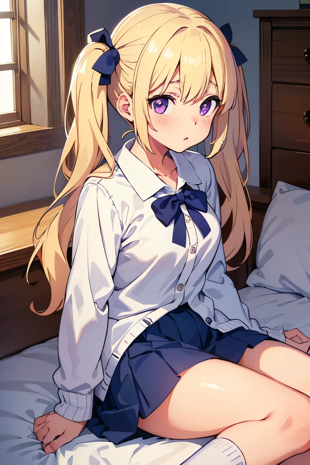 Junior high school girl A Cup Gal Blonde Long twin tails Red ribbon at twin tails smile Purple eyes 1 person White blouse Navy blue tie Navy blue mini skirt White with light blue horizontal stripes I can see her panties barefoot Lying in bed Lift one leg Dynamic Angle Top view