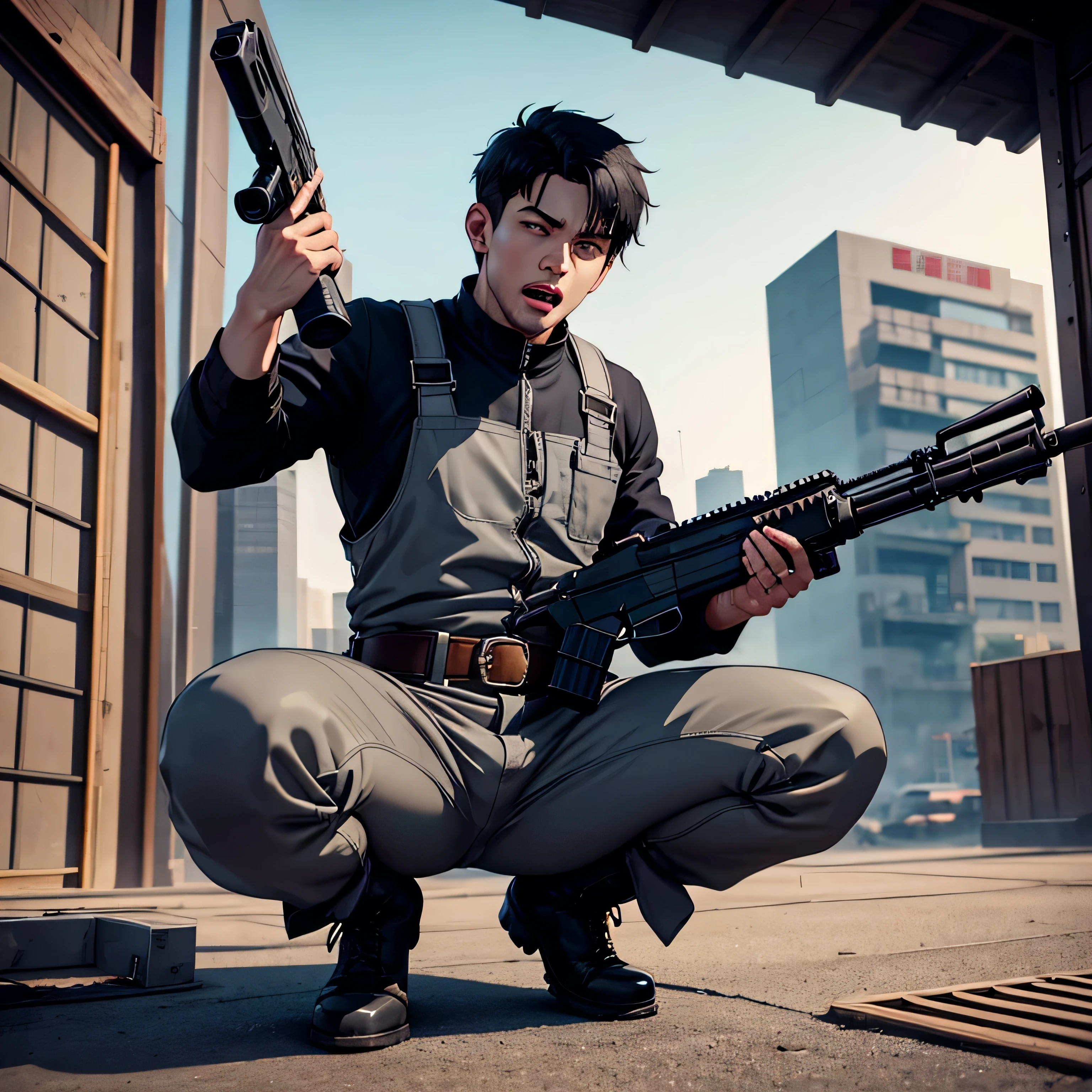  handsome 30-year-old man 　Light gray full body workwear 、Shocker Belt、 black work boots 、 Gunfight、 sniper from the warehouse roof 、point a gun at the enemy below 、 open your legs wide、 squat、 staring at the camera while preparing to launch、logic , black hair、 very short hair 。 the crotch part of his pants is bulging 、scream、 view from below,  camera 、 cool pose　 upper body lift with an emphasis on facial expression　