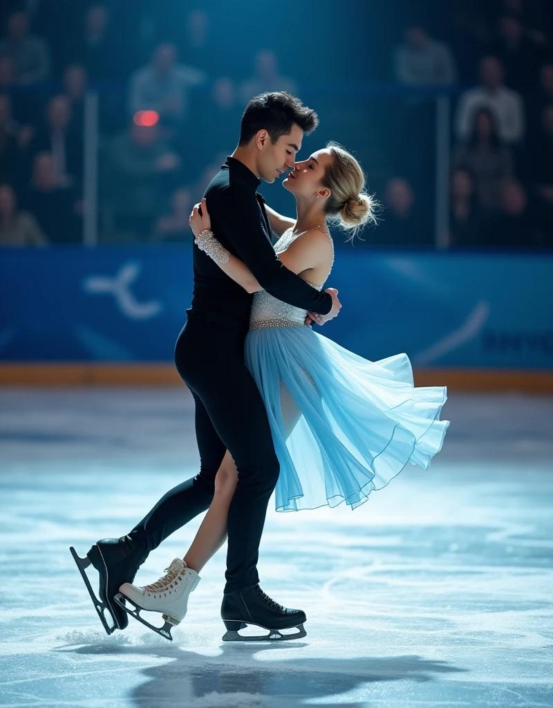1 female、1 male、(Men are clothed:1.8)、(Russia:1.5)、world skating championship、two people dancing ice dance、(Just the two of us on the ice:1.3)、(super beautiful)、(beautiful face:1.5)、detailed face、barefoot、purple costume、(white panties)、(anatomically correct movements)、(At SFW)