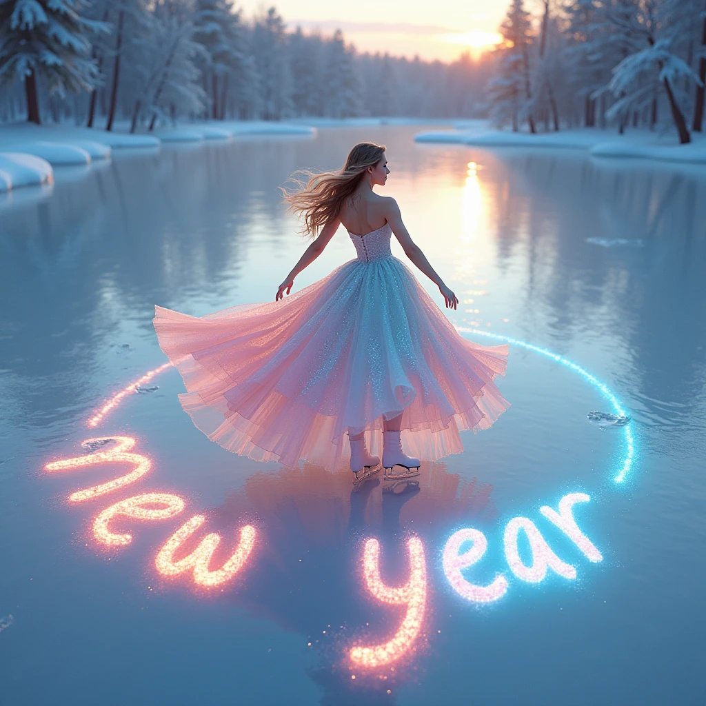 Beautiful girl in a ball gown Lovely skates on an icy lake, magic light emanates from her skates , A skate trail writes text on ice"New Year"  view from above , Very colorful, like a dance,  masterpiece fails, bright colors, 8 k,  Best quality ,  as much detail as possible ,
