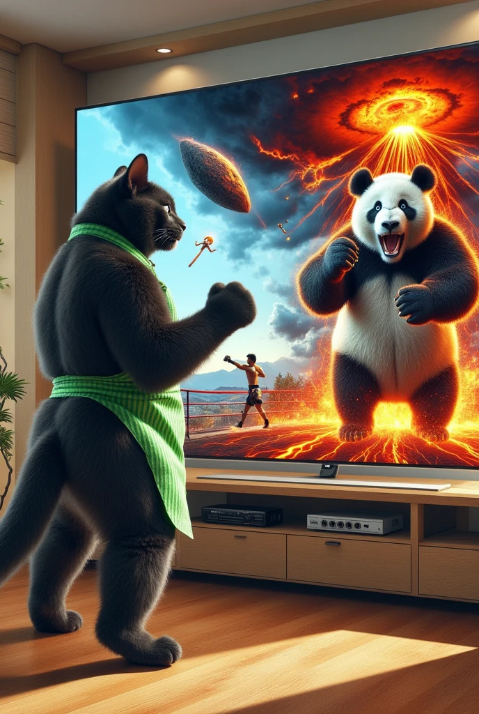 ultra-realistic, photorealistic, dramatic scene, shadow, global-illumination, solo, (1 human-like giant black cat is standing and watching TV), (the human-like giant black cat looks gentleman only wearing a vertical striped green apron), at the stylish Japanese apartment room, the large TV displays\(Muay Thai fighter vs. terrifying man-eating panda, there are the shouting Muay Thai fighter and terrifying panda with fang, volcano, thunder, giant meteorite, Muay Thai fighter shows extremely painful expressions\), peaceful sunny day,