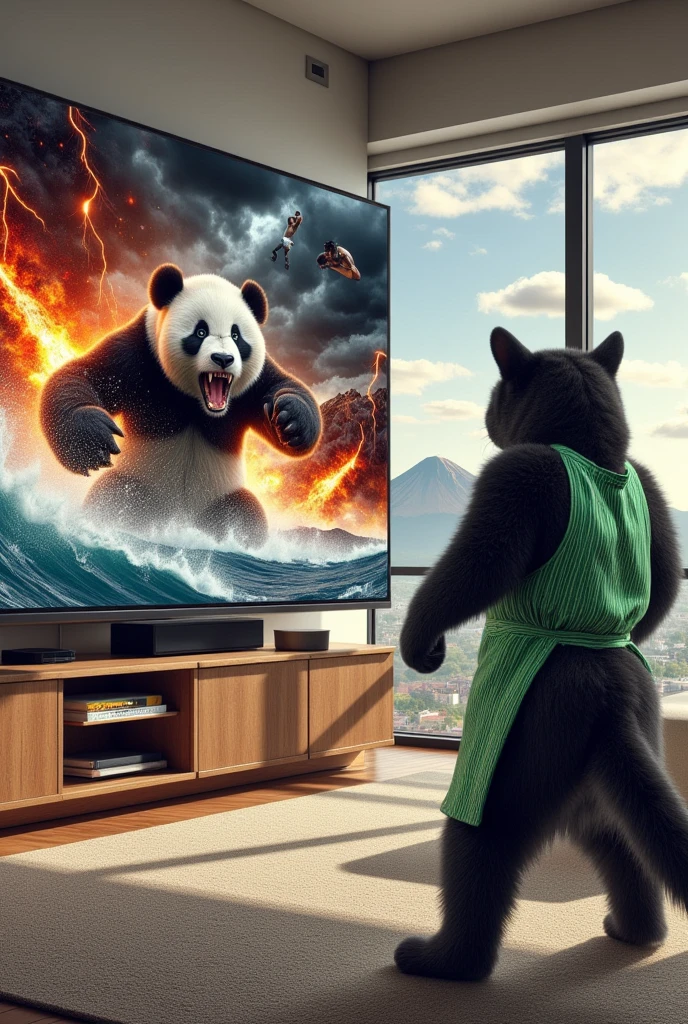 ultra-realistic, photorealistic, dramatic scene, shadow, global-illumination, solo, (1 human-like giant black cat is standing and watching TV), (the human-like giant black cat looks gentleman only wearing a vertical striped green apron), at the stylish Japanese apartment room, the large TV displays\(Muay Thai fighter vs. terrifying man-eating panda, there are the shouting Muay Thai fighter and terrifying panda with fang, volcano, thunder, giant meteorite, Muay Thai fighter shows extremely painful expressions\), peaceful sunny day,