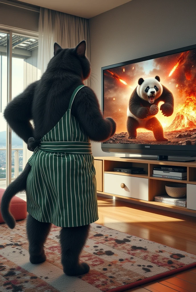 ultra-realistic, photorealistic, dramatic scene, shadow, global-illumination, solo, (1 human-like giant black cat is standing and watching TV), (the human-like giant black cat looks gentleman only wearing a vertical striped green apron), at the stylish Japanese apartment room, the large TV displays\(Muay Thai fighter vs. terrifying man-eating panda, there are the shouting Muay Thai fighter and terrifying panda with fang, volcano, thunder, giant meteorite, Muay Thai fighter shows extremely painful expressions\), peaceful sunny day,