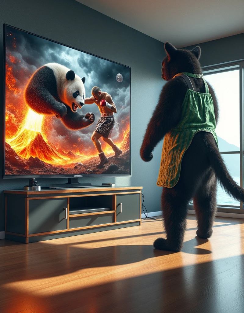 ultra-realistic, photorealistic, dramatic scene, shadow, global-illumination, solo, (1 human-like giant black cat is standing and watching TV), (the human-like giant black cat looks gentleman only wearing a vertical striped green apron), at the stylish Japanese apartment room, the large TV displays\(Muay Thai fighter vs. terrifying man-eating panda, there are the shouting Muay Thai fighter and terrifying panda with fang, volcano, thunder, giant meteorite, Muay Thai fighter shows extremely painful expressions\), peaceful sunny day,